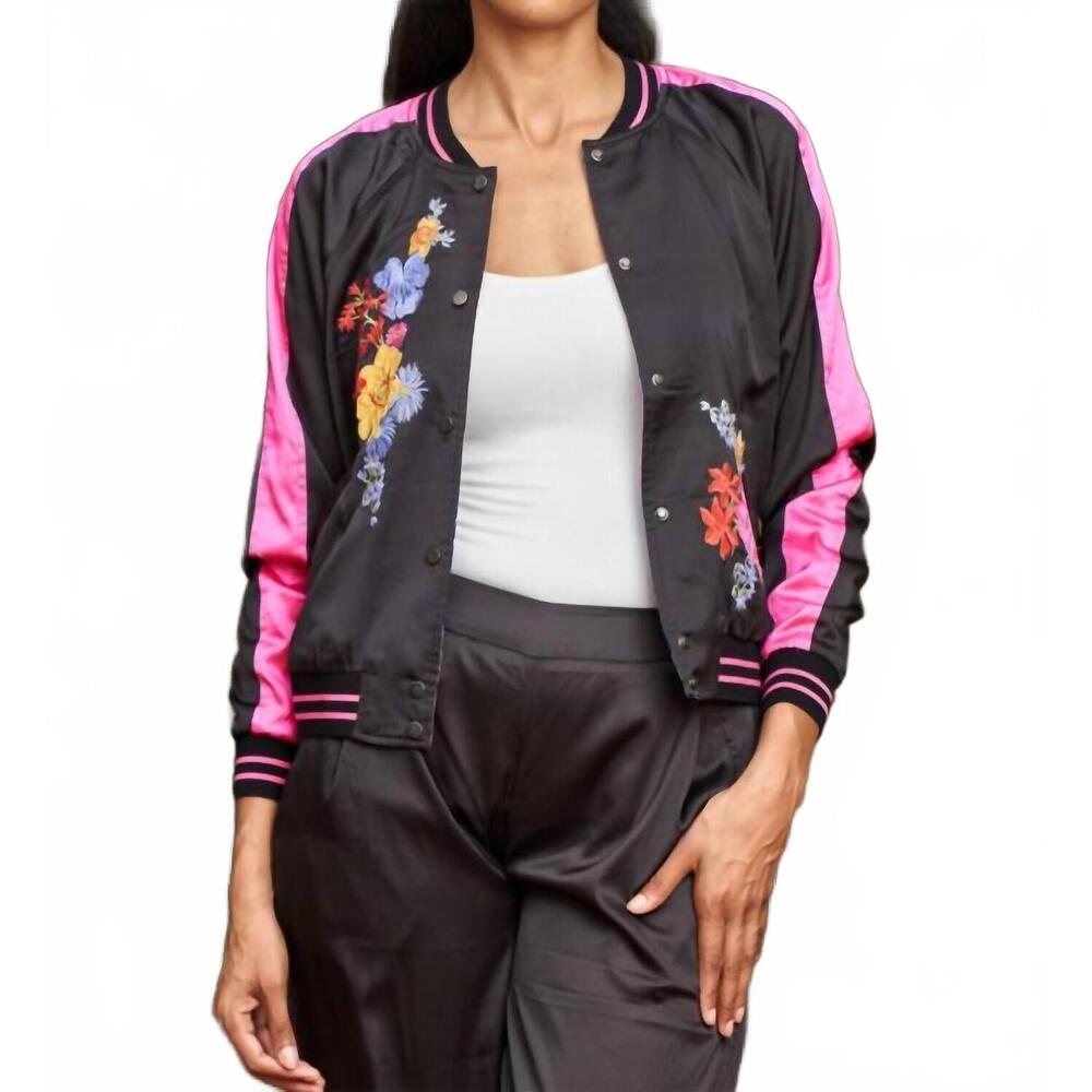 NEW PAPARAZZI floral embroidered reversible satin baseball jacket in black combo